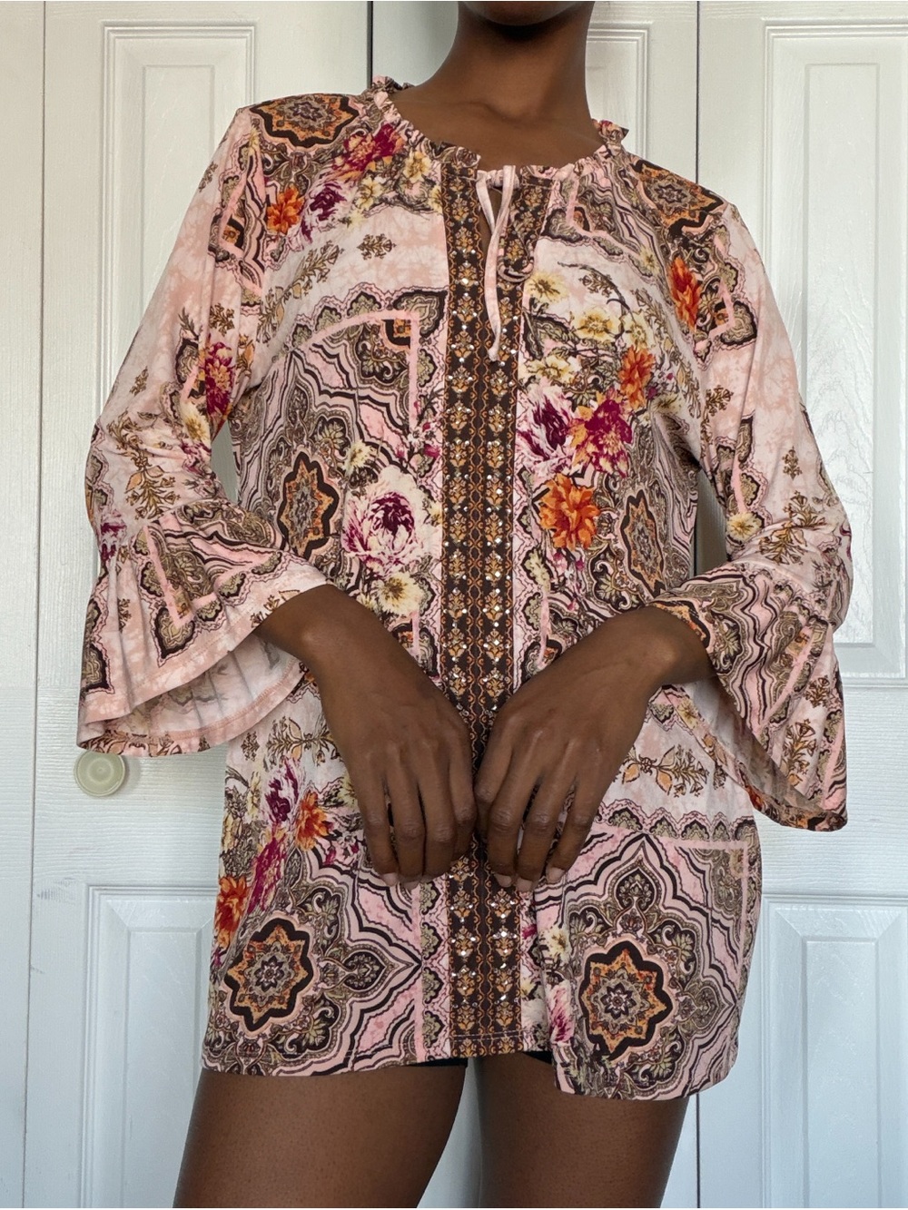 JM Collection Pink Floral Patchwork Mini Dress with Bell Sleeves